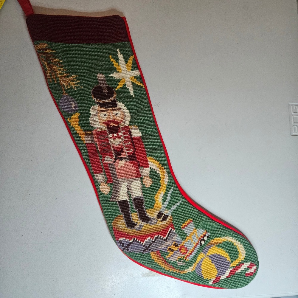 Vintage 1991 Peking Handicraft Nutcracker Wool Needlepoint Christmas Stocking